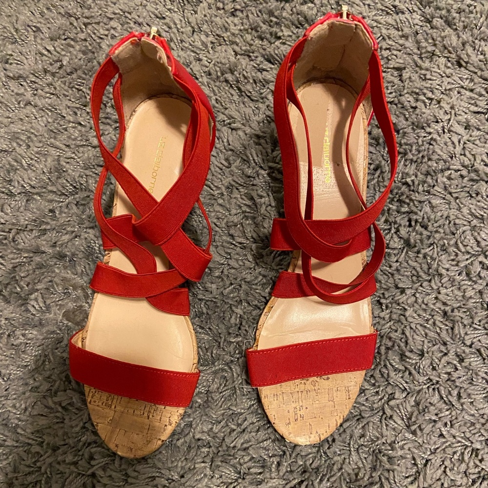 Size is a 9, heels are red with a cork textured heel. Has a gold zipper.